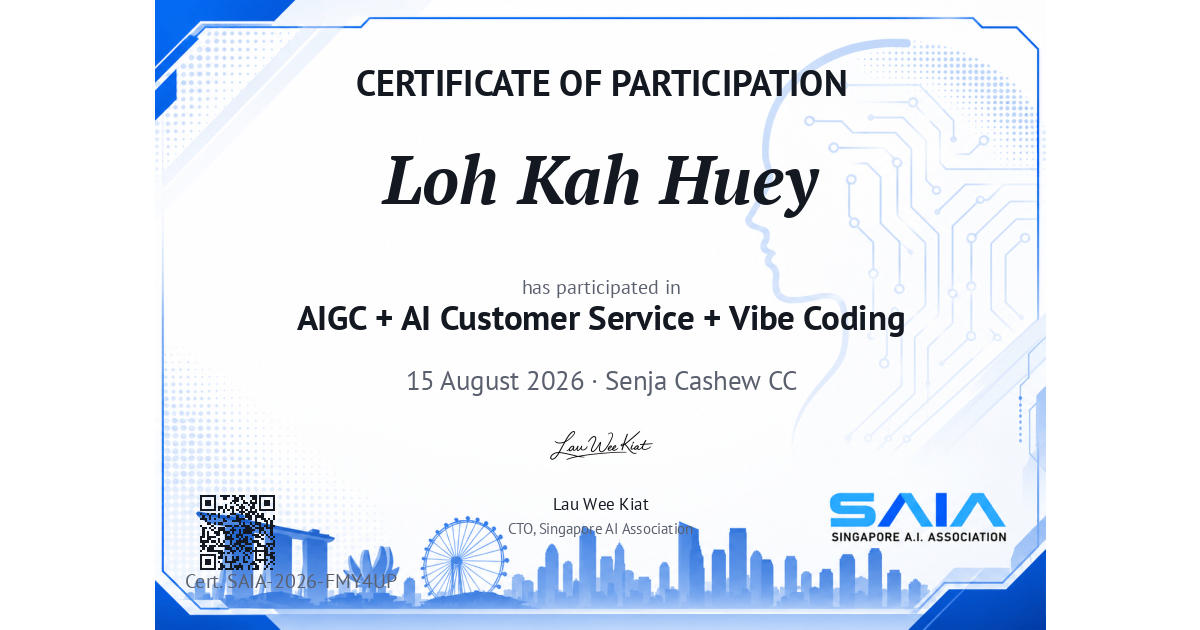 Certificate preview for Loh Kah Huey